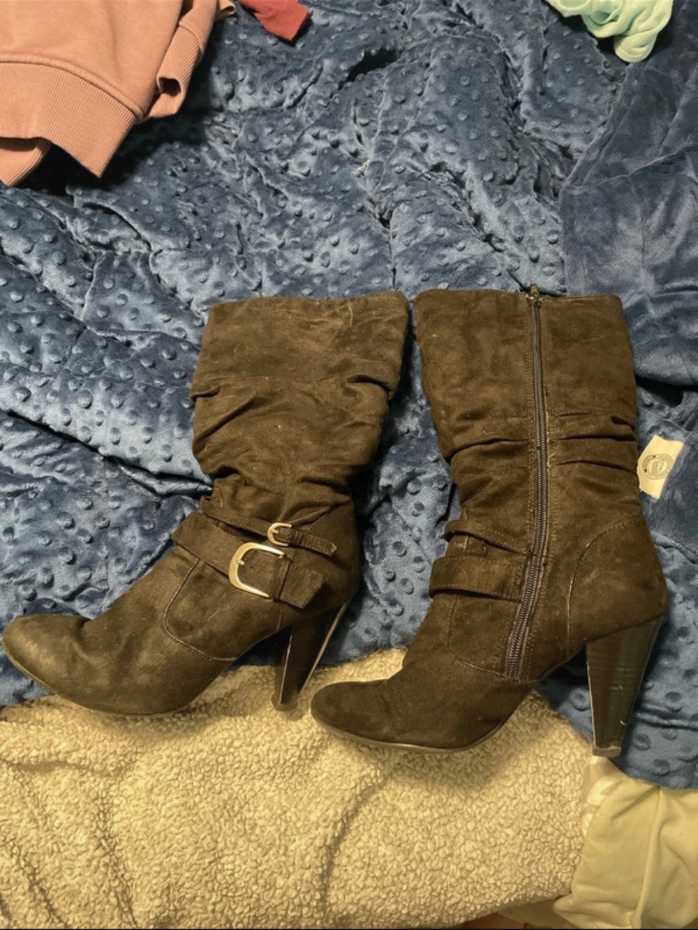 Apt. 9 Black Suede Mid-Calf Heeled Boots with Buckle Strap